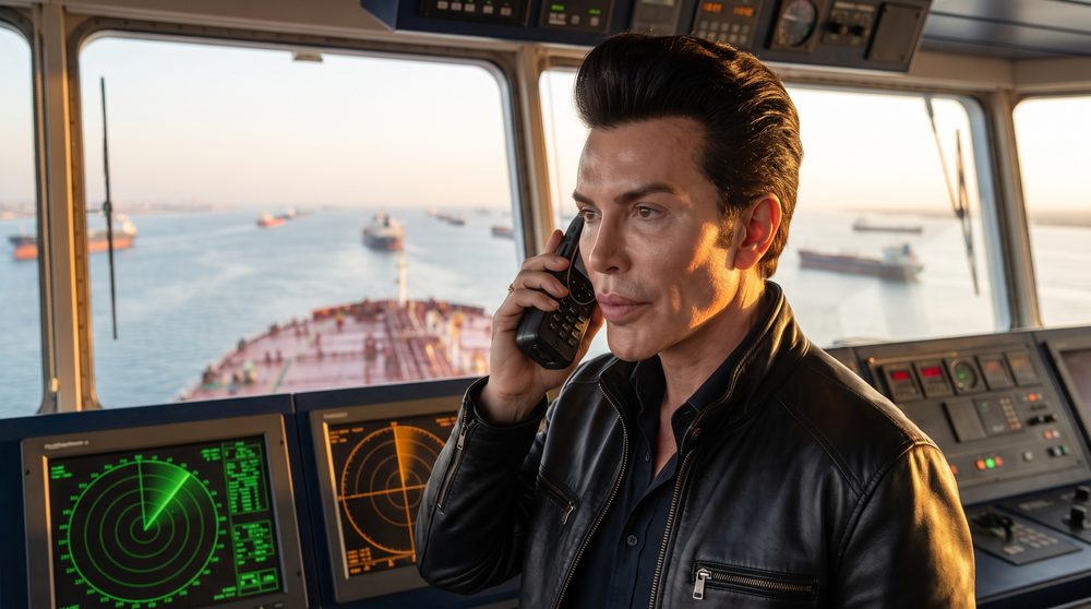 taking ze call from ze bridge of a supertanker